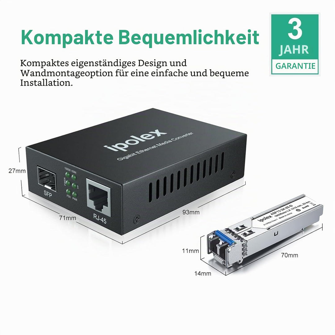 ipolex Gigabit Ethernet Medienkonverter, 1,25G SFP Port Glasfaser Medienkonverter, Singlemode LC Med