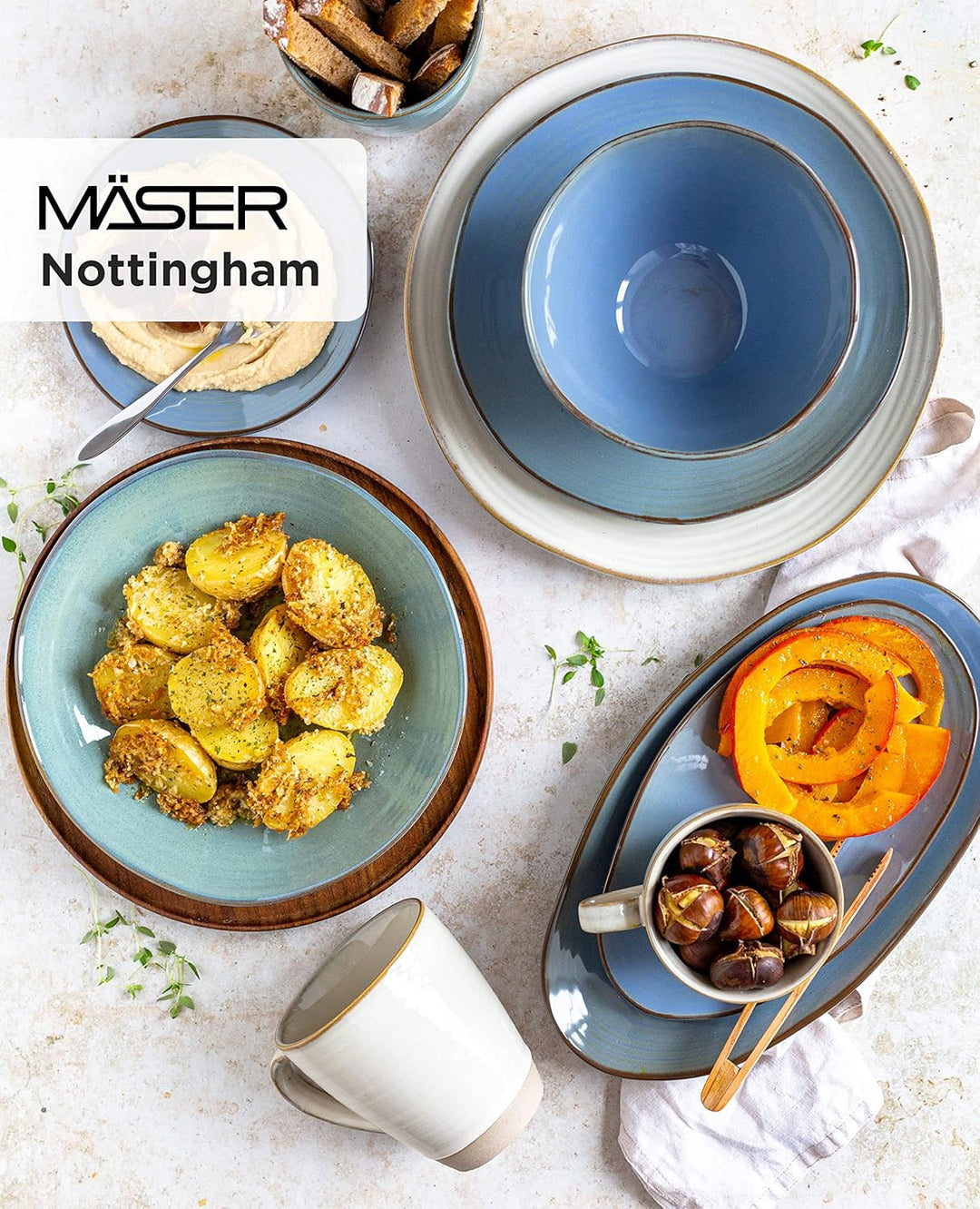 MÄSER Serie Nottingham, 4er Teller Set mit filigranem Linienspiel und edler Glasur, Speiseteller aus