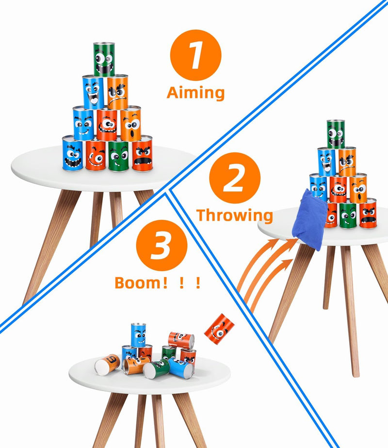 Dosenwerfen Kinder, 10 Dosen und 3 Bean Bags Wurfspiel, Kinder Gartenspiele, Outdoorspiele Kinder, K