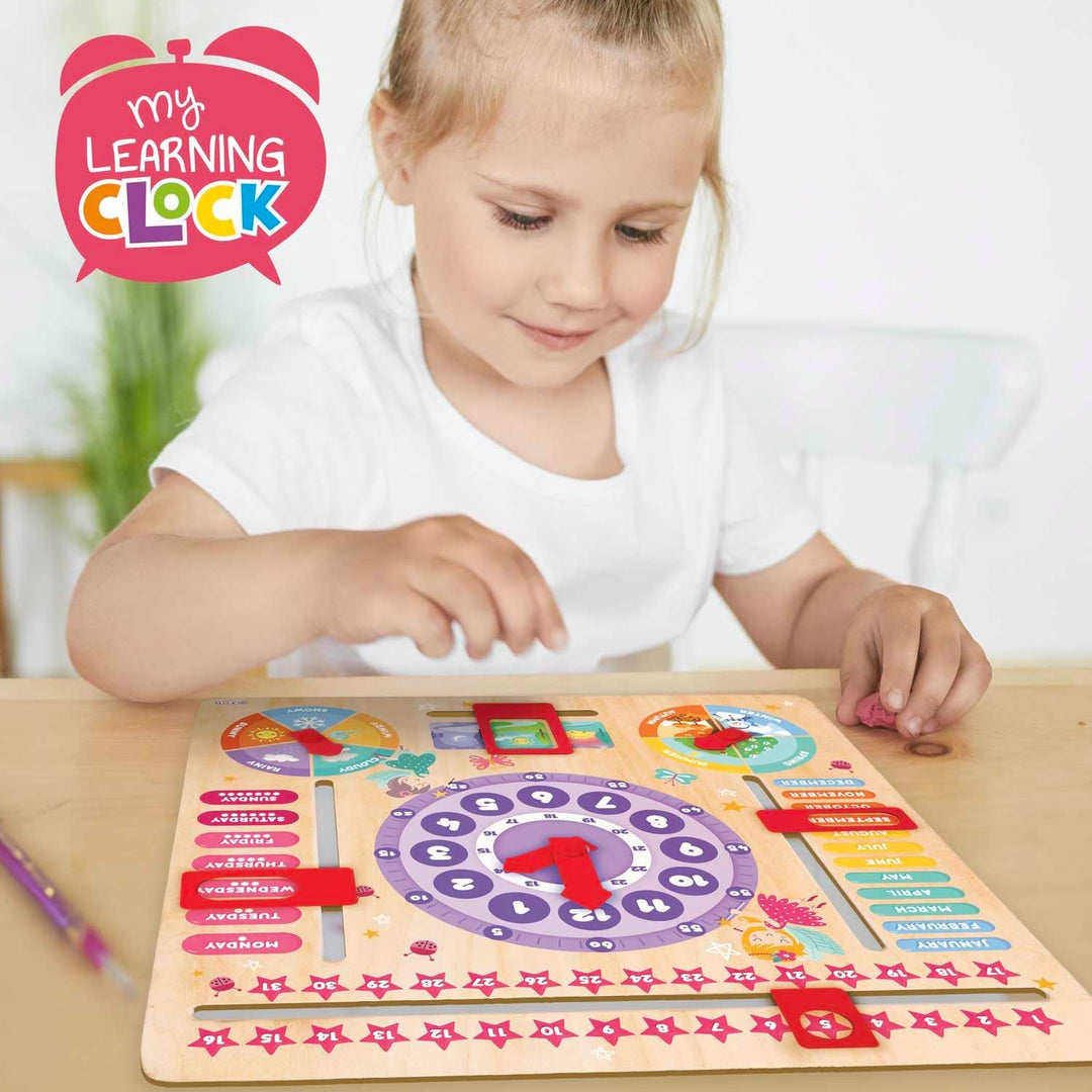 CRAZE My Learning Clock Princess ENGLISCHE SPRACHE - Lernuhr Kinder Holz, Kalenderuhr zum Lernen für
