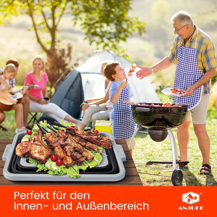 Zusammenklappbare Grillwanne mit Deckel (8L) – Falbbares Camping-Spülbecken mit Siebeinsatz | 4-in-1