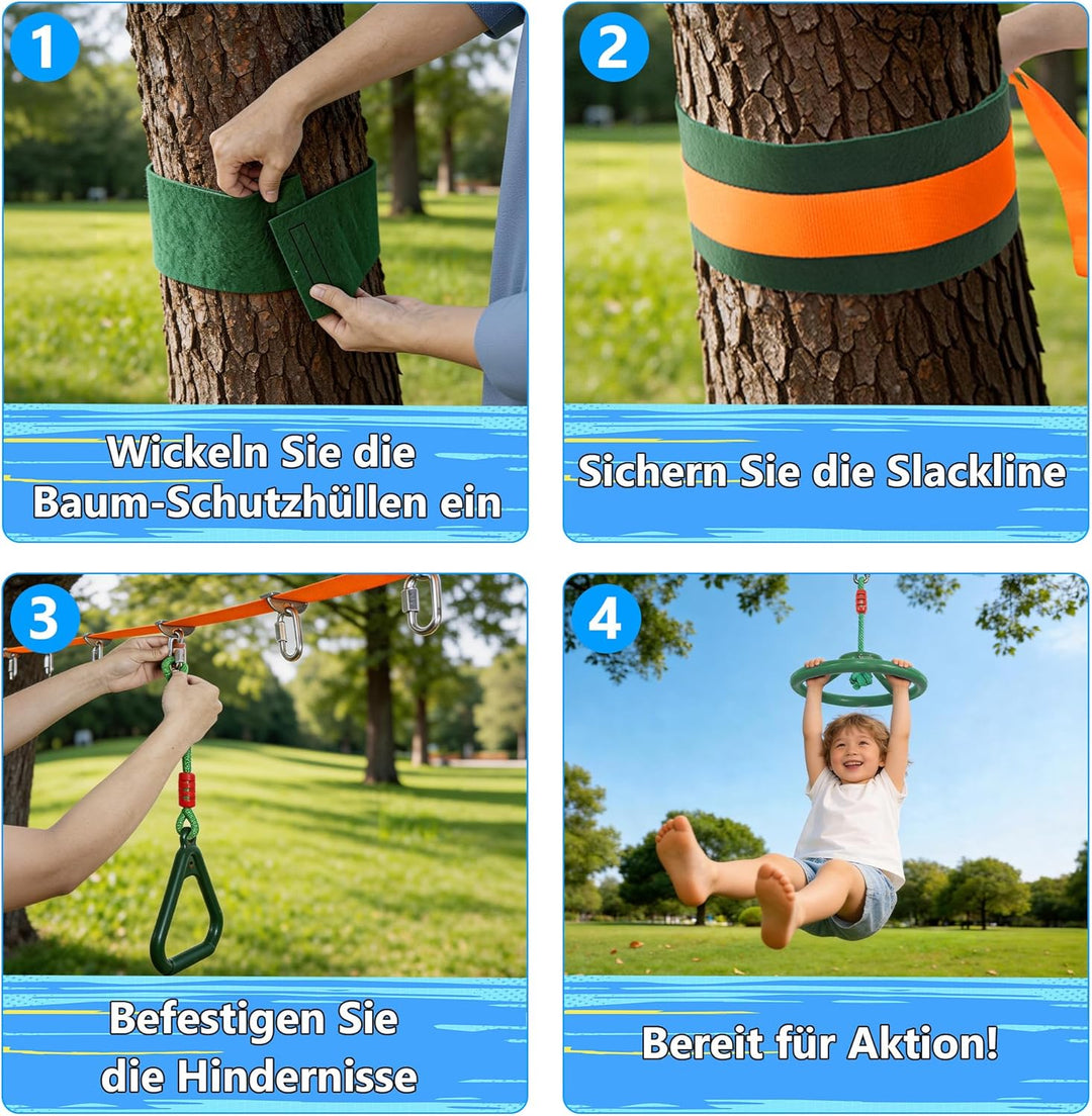 Ninja Warrior Slackline Set für Kinder, Ninja Line Kinder, Slackline 15M Hindernisse Set, Turnringe