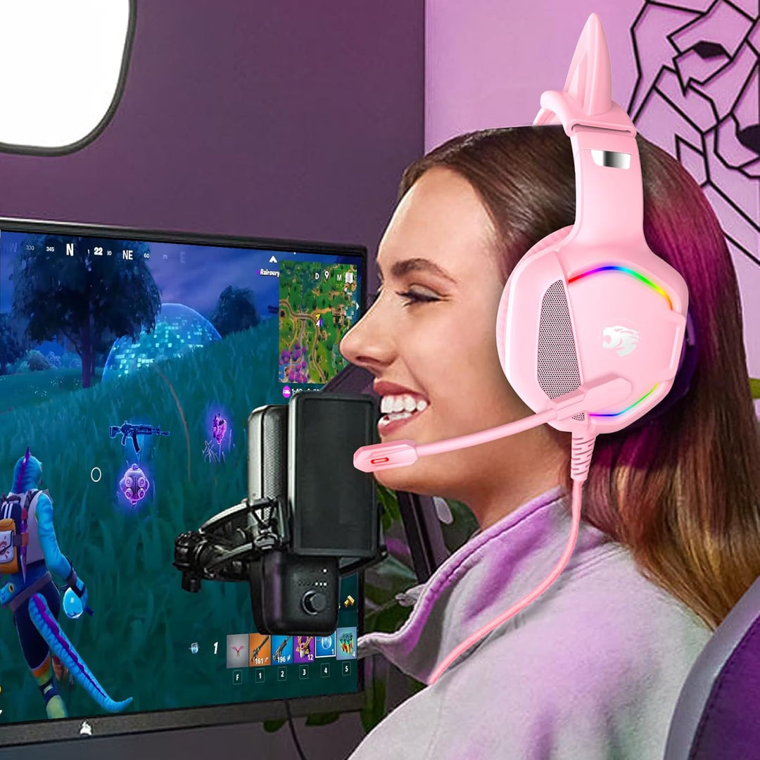 Gaming Headset mit Katzenohren abnehmbaren, RGB-Licht, Stereo Surround Noise Cancelling, Mikrofon fü