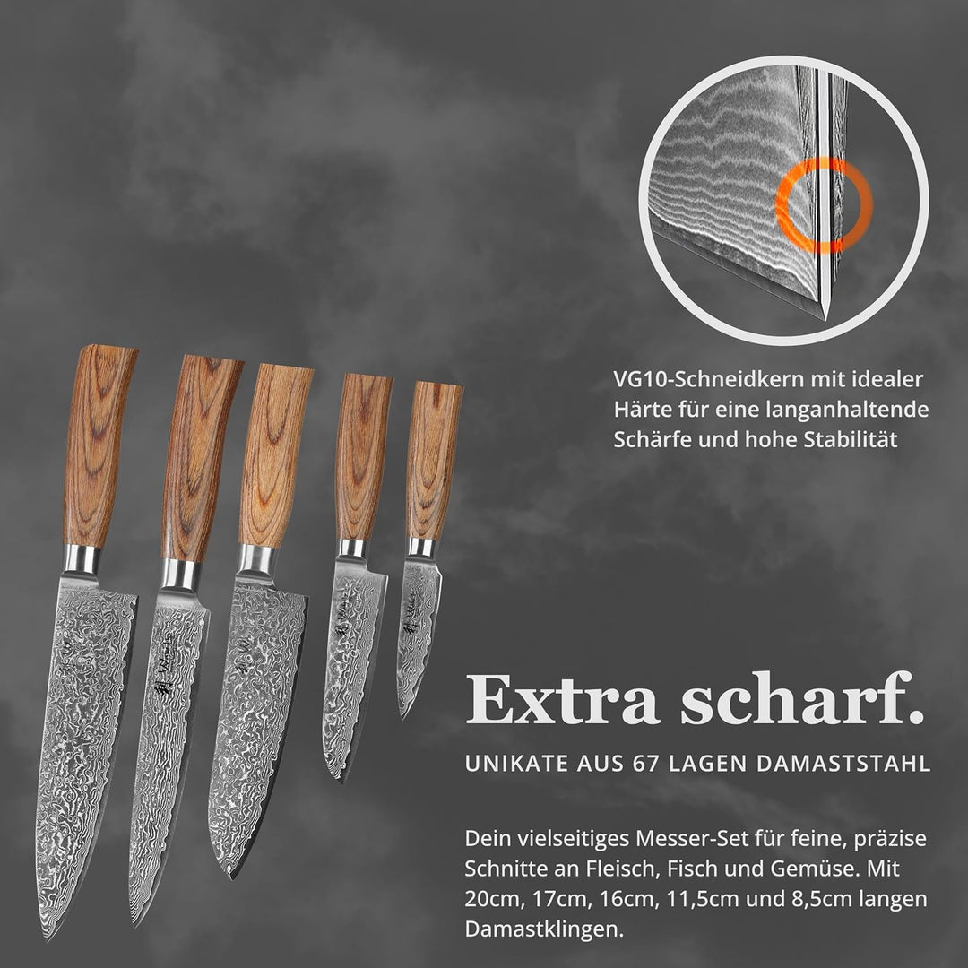 Wakoli EDIB Pro Premium 5er Damastmesser-Set mit Messerblock I 8-20 cm Klingen gefertigt aus 67 Lage