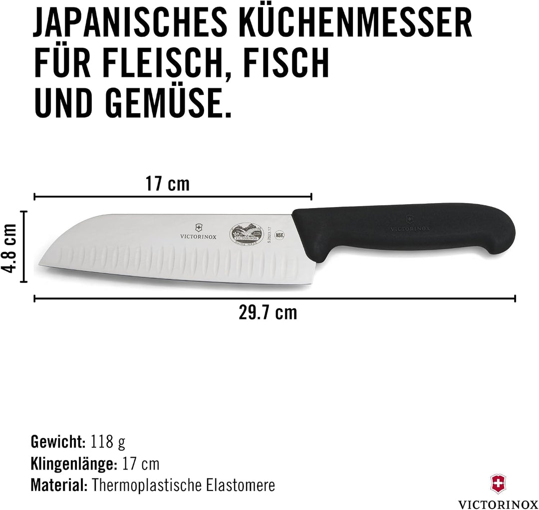 Victorinox Fibrox Santokumesser mit Kullenschliff, Japanisches Küchenmesser für Fleisch, Fisch und G