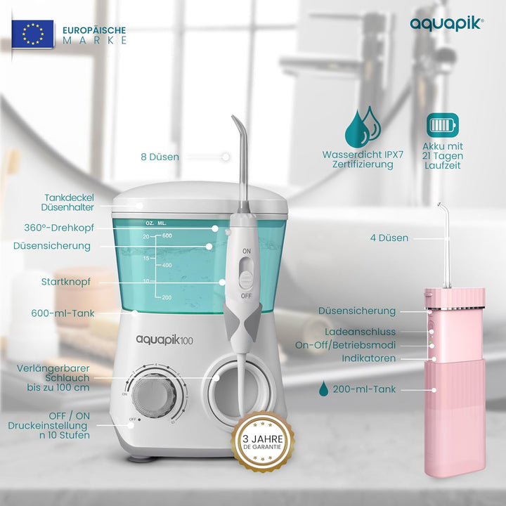 Aquapik® DUO Munddusche Aquapik® 100 Desktop + Aquapik® Mini, tragbar, von Zahnärzten empfohlen + Pl