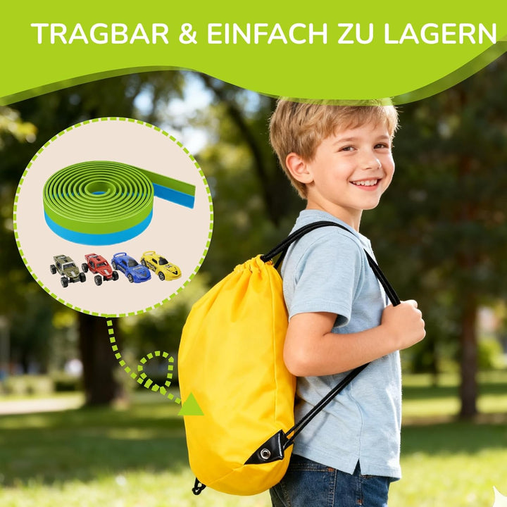 5M Flexible Autorennbahn Set mit 2 Loopings, 2-in-1 Rennbahn mit Autos & Tragtasche, Schwerkraft & P