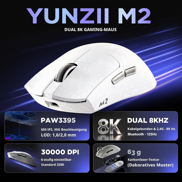 YUNZII M2 Kabellose Dual 8K Gaming Maus, PAW3395, 6-Stufen-DPI (Weiss), Weiss