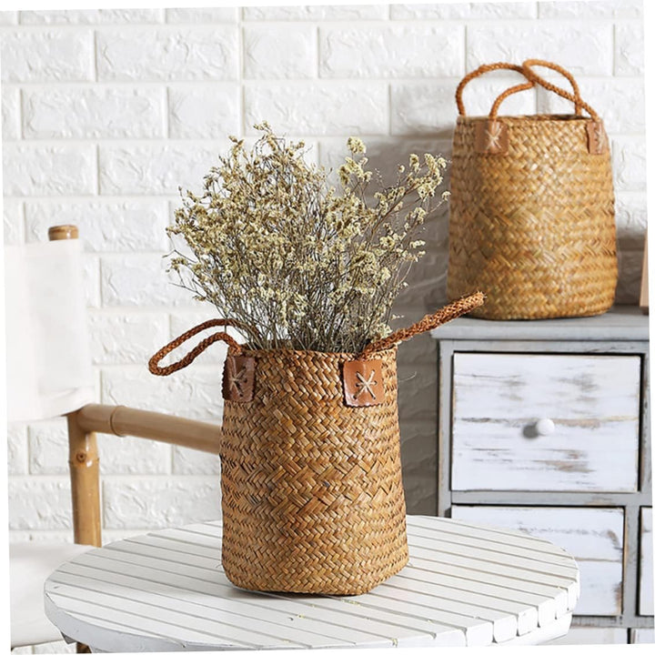 Seegras geflochtener Korb, Strohbauch, Aufbewahrung, Blumentopf, Vase, Organizer mit Griffen für Wäs