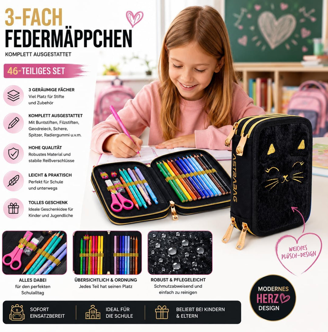 ASTRABAG 3-Fach Mäppchen Federmappe Gefüllt Jumbo Fluffy Kitty Black mit Plüsch und Ohren