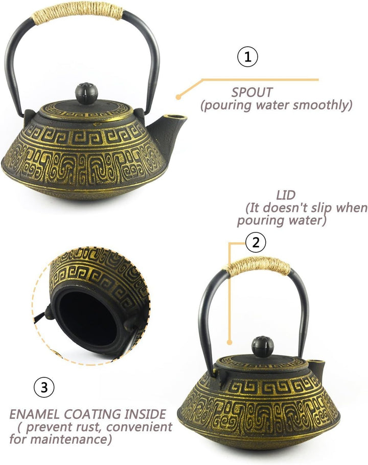 HwaGui-Teekanne Gusseisen Gold Japan Teekannen mit Sieb Infuser für Stövchen, 800ml [MEHRWEG] Altes