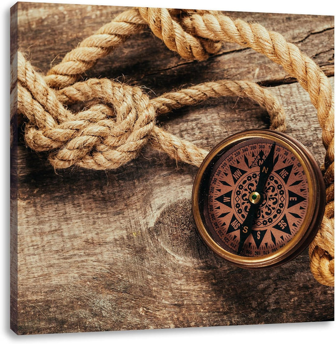 Pixxprint Schiffseil und Kompass als Leinwandbild/Grösse: 70x70 cm/Wandbild/Kunstdruck/fertig bespan