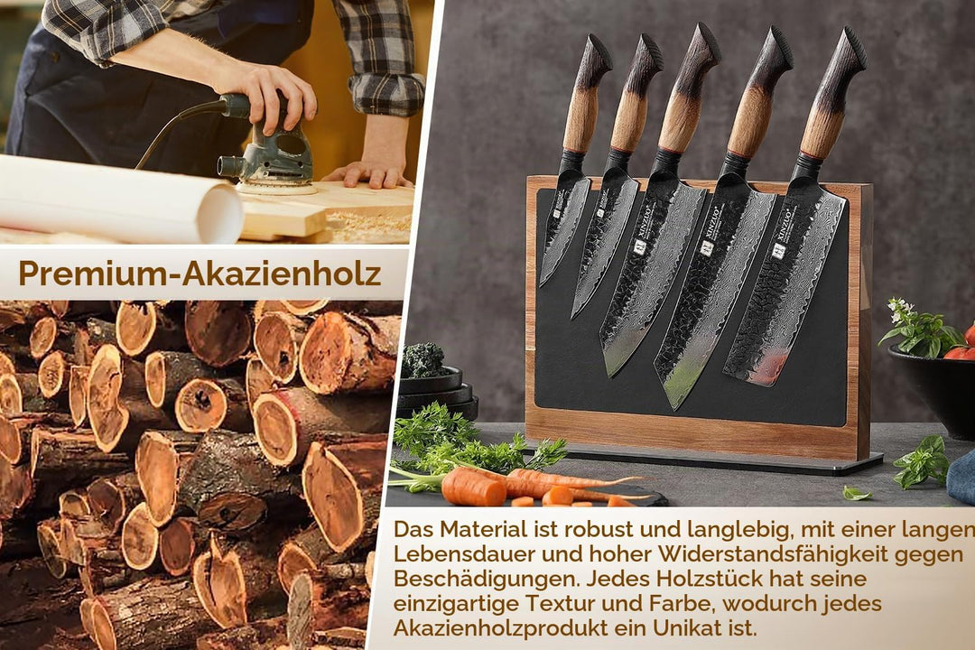 XINZUO Magnetisch Messerhalter Akazienholz, Zweifarbige Lederoberfläche, Doppelseitig erhältlich, Oh