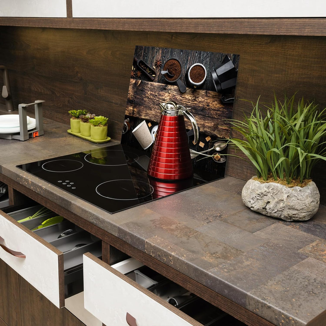SmartDecoration Herdabdeckplatte Ceranfeldabdeckung aus Glas 60x52 cm Einteilig Motiv "Kaffee" Holzf