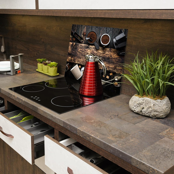 SmartDecoration Herdabdeckplatte Ceranfeldabdeckung aus Glas 60x52 cm Einteilig Motiv "Kaffee" Holzf
