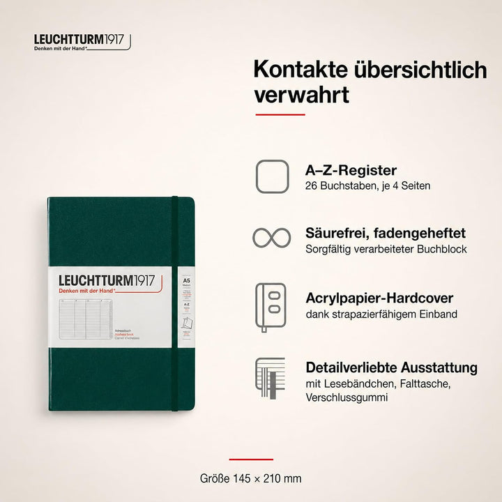 LEUCHTTURM1917 370360 Adressbuch Medium (A5), Hardcover, Forest Green Forest Green Medium (A5), Fore