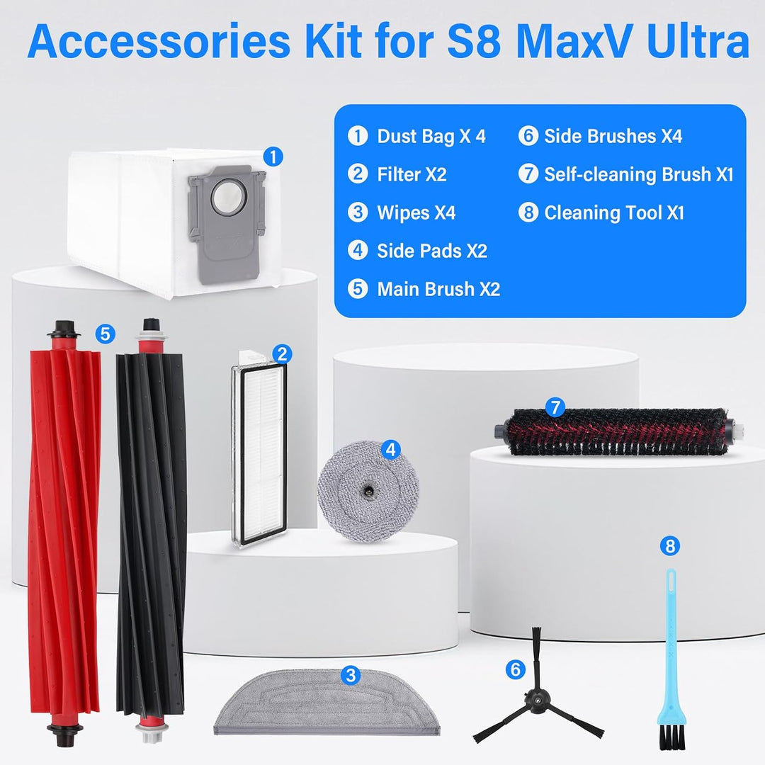 Zubehör für Roborock S8 MaxV Ultra /S8 Max Ultra Ersatzteile Einschliessen 2 Hauptbürste, 4 Staubbeu