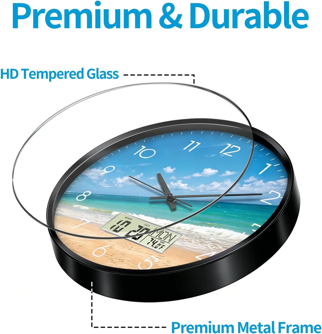 Moderne LCD-Wanduhren, Ozeanwelle, Meer, Strand, leise, digitale Wanduhr, grosses Display, nicht tic
