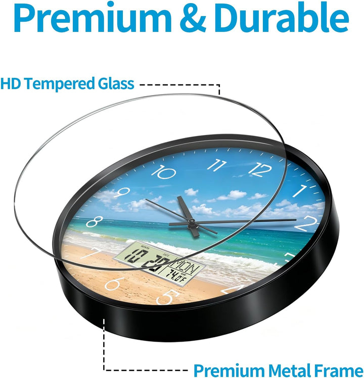 Moderne LCD-Wanduhren, Ozeanwelle, Meer, Strand, leise, digitale Wanduhr, grosses Display, nicht tic
