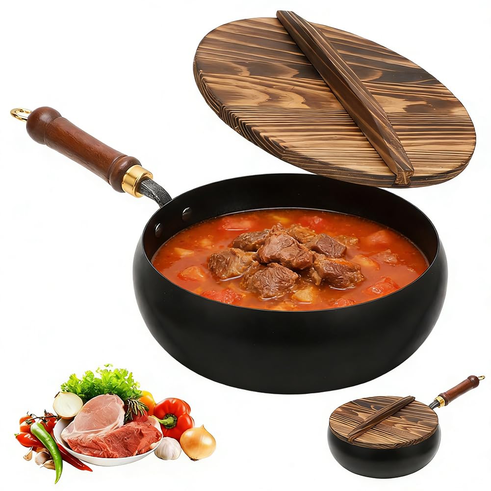 Handgeschmiedete Eisenpfanne mit Deckel, Unbeschichteter Big Belly Topf, Induktionstauglich, Eisen B