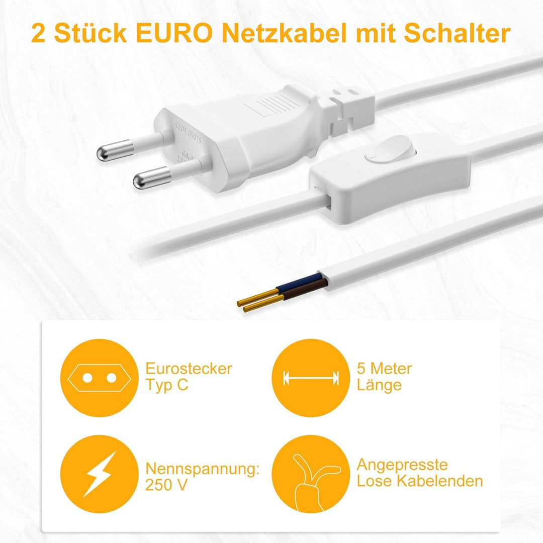 Euro Netzkabel mit Schalter [2 Stück], 5 Meter Euro Stecker Stromkabel, 2 X Ersatzkabel Anschlusskab