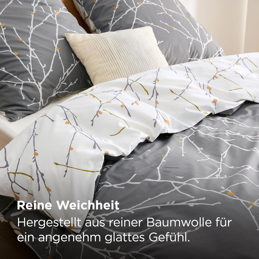 BEDSURE Bettwäsche 155x220 Baumwolle Grau - Bettwäsche-Sets 155 x 220 cm Bettbezug 3teilig mit 2 Kis