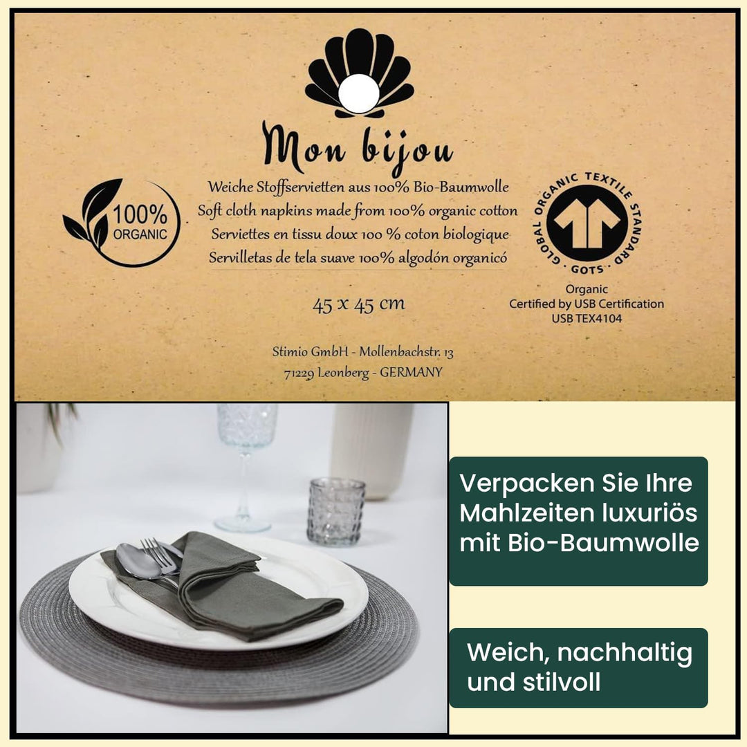 12er Set Stoffservietten Dunkelgrau – 100% Bio-Baumwolle GOTS – Waschbare Servietten Stoff 45x45 cm