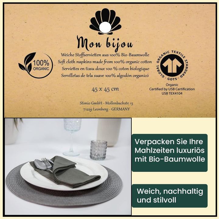 12er Set Stoffservietten Dunkelgrau – 100% Bio-Baumwolle GOTS – Waschbare Servietten Stoff 45x45 cm