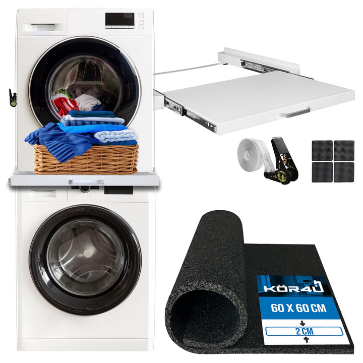 kör4u Premium Antivibrationsmatte 60x60x2cm & kör4u Zwischenbaurahmen weiss mit Ausziehplatte, Stahl
