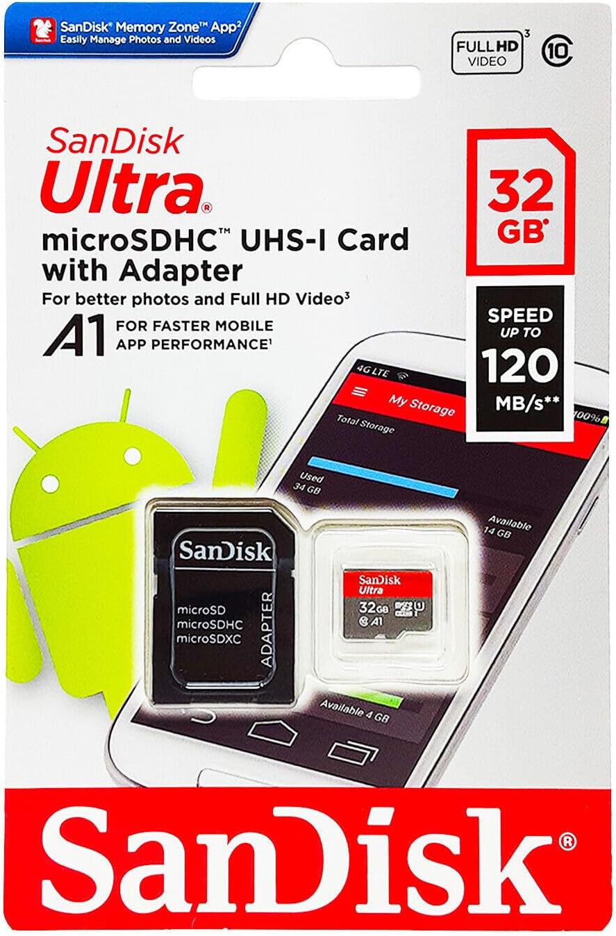 SanDisk Ultra 32 GB microSDHC Memory Card + SD Adapter with A1 App Performance Up to 98 MB/s, Class