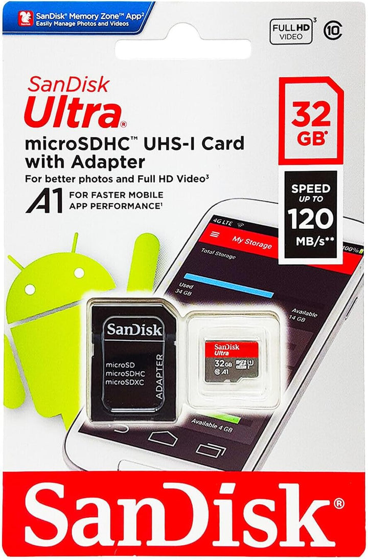SanDisk Ultra 32 GB microSDHC Memory Card + SD Adapter with A1 App Performance Up to 98 MB/s, Class