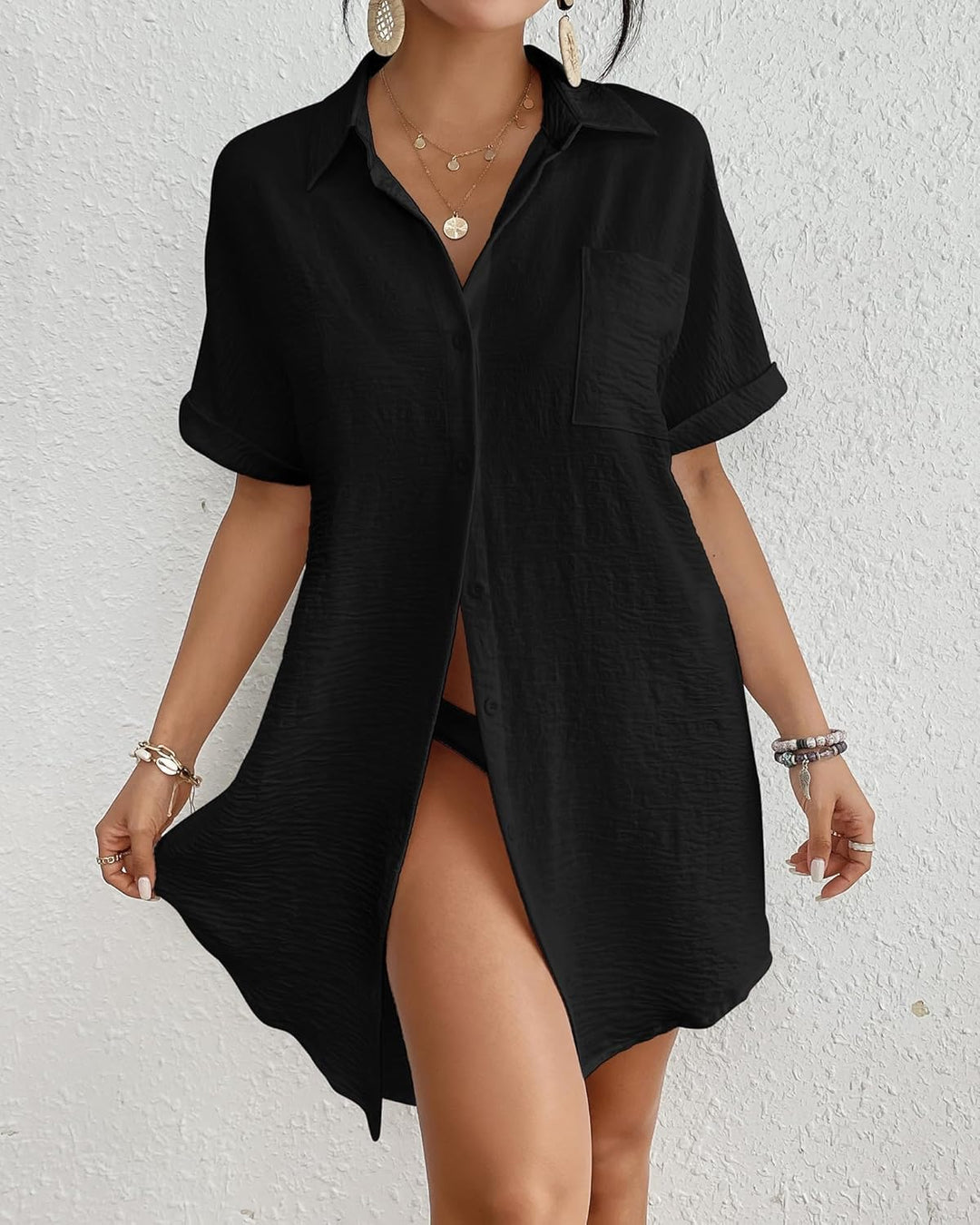 Bsubseach Frauen Badeanzug Coverup Shirt Kleid Button Down Badeanzug Cover Up Beachwear Schwarz S, S