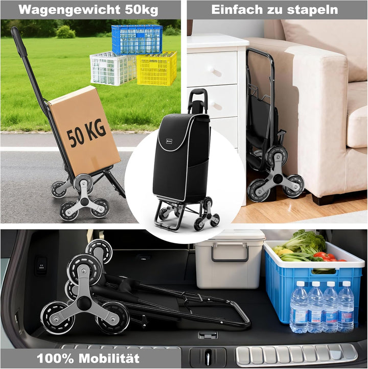 Einkaufswagen Klappbar 56L,Einkaufstrolley Treppensteiger,Trolly Einkaufswagen Klappbar, Hackenporsc