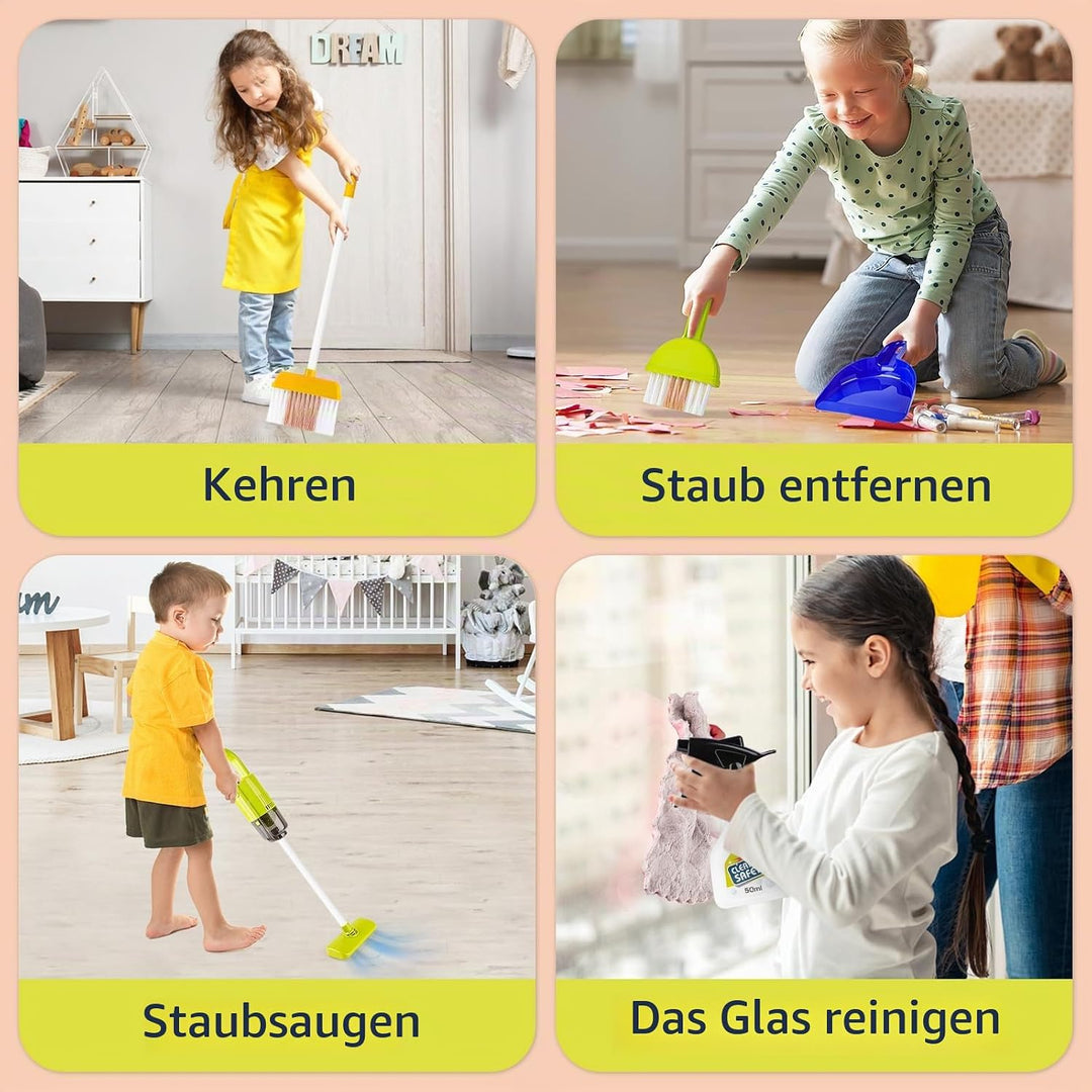 deAO Kinder Putzwagen ab 2 3 4 Jahre mit Wischmop, Eimer, Besen, Staubsauger, Bürsten, Kehrschaufel,