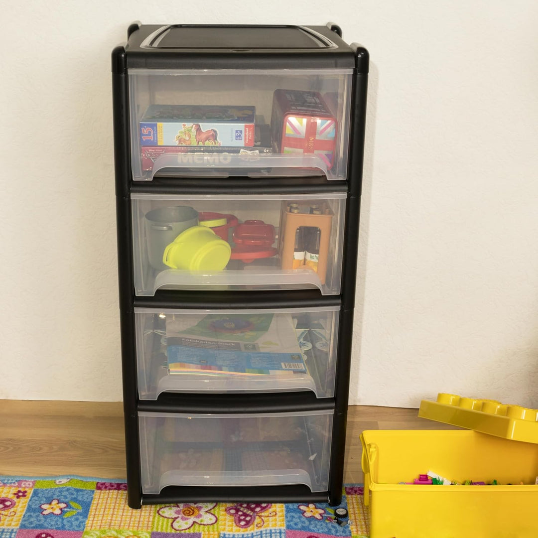 Schubladenbox mit 4 Schubladen 38x38x79 cm - schwarz-transparent Kunststoff Drawer Tower Box Organiz