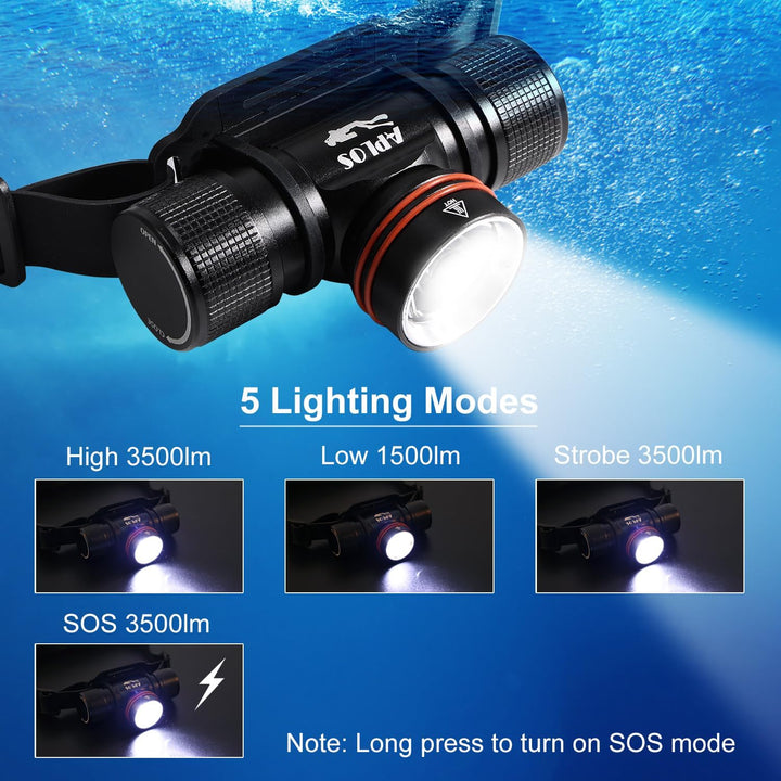APLOS H800 Wiederaufladbare Taucher Stirnlampe - 3500 Lumen Unterwasser IPX8 Wasserdichte Tauchen St