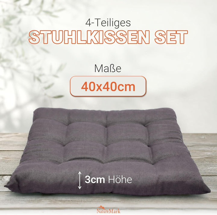 NatureMark 4er Set Stuhlkissen mit Bändern 40x40 cm – Gefüllte Sitzkissen, Outdoor & Indoor – Anthra