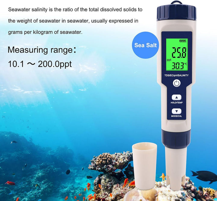 Digitales Salzgehaltmessgerät, EZ-9909 5-in-1 5-in-1-Salzgehalt-PH-Temp-EC- und TDS-Messgerät Wasser