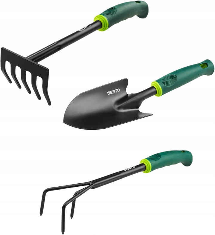VERTO Gartengeräte-Set 3 TLG. | Pflanzkelle 34 cm + Grubber 36,5 cm + Handrechen 34 cm | Stabiler, v