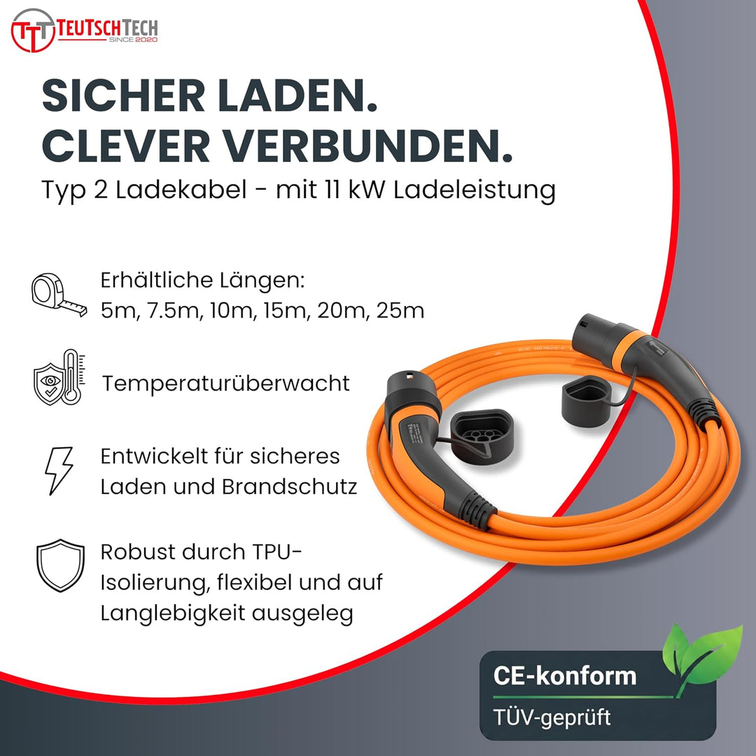 TEUTSCHTECH, EV Ladekabel orange I 5M I TYP2 - TYP2 I 11kW I 3X16A I 3-phasig I Mit Lade- Temperatur