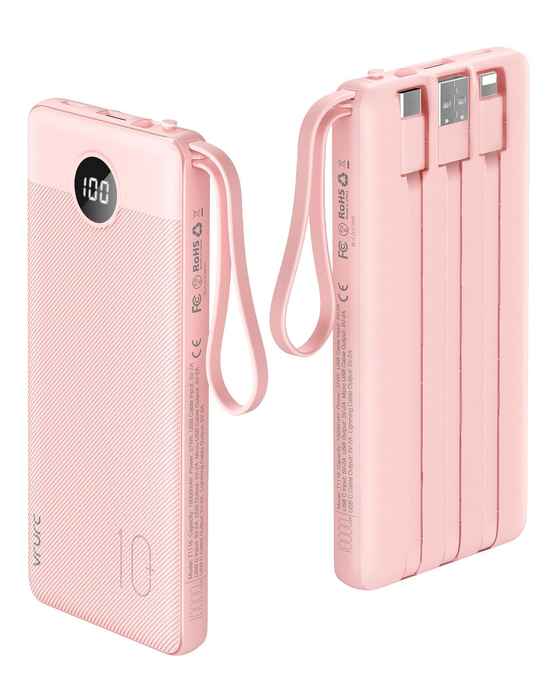 VRURC Powerbank 10000mAh mit Kabel, Power Bank Tragbares Ladegerät USB C Externer Handyakkus LED Dis