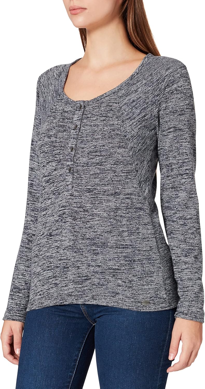 Timezone Damen Slim Henley Longsleeve T-Shirt XS Black Melange, XS Black Melange