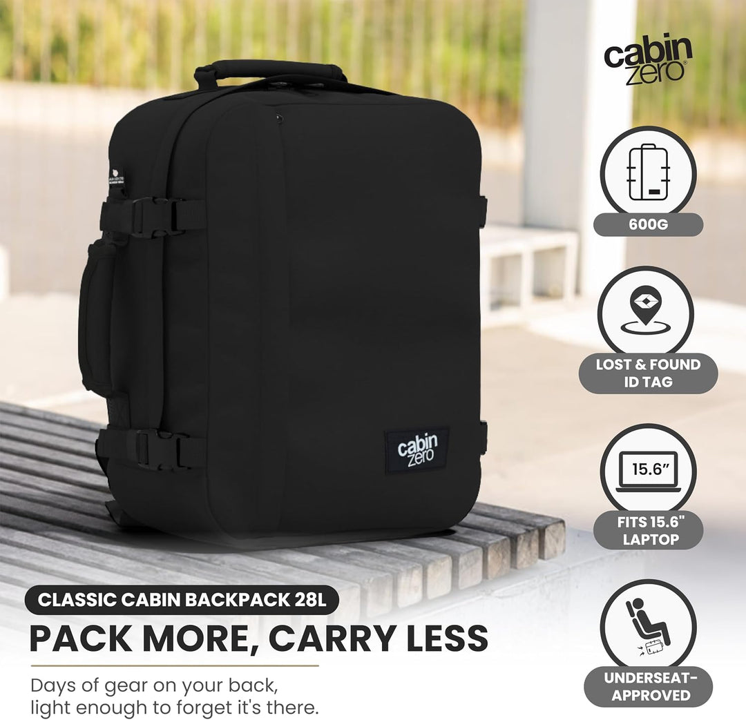 Cabinzero Unisex Classic Backpack 28 l Rucksack, Absolute Black, 29,5x39x20