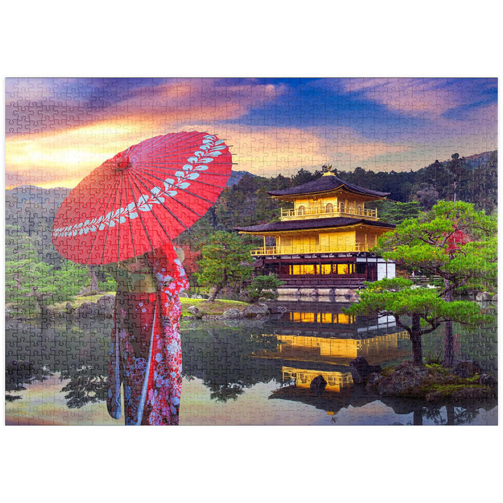 Frau in traditionellem japanischen Kimono, Kinkakuji-Tempel Kyoto, Japan - Premium 1000 Teile Puzzle
