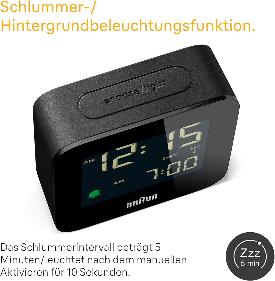 Braun Digitaler Reisewecker Mitteleuropäische Zeitzone (MEZ) mit Schlummerfunktion, kompakte Grösse,