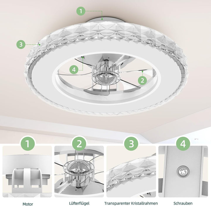 Ateroll Deckenventilator mit Beleuchtung Ø43.5CM, Kristall Deckenventilator Dimmbar (3000K-4000K-650
