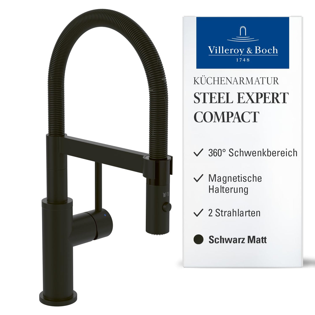 Villeroy & Boch Steel Expert Compact Küchenarmatur, Hochdruck mit Umschaltfunktion und 360° schwenkb