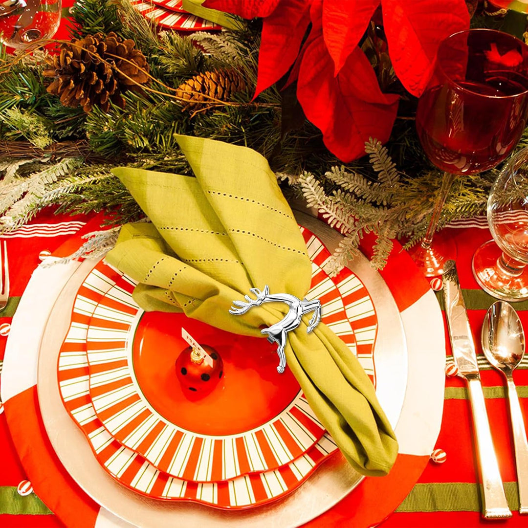 ZeeDix 12 Stück Silber Serviettenringe Hirsch - Serviettenringen für die Festtafel, Weihnachtsdeko,