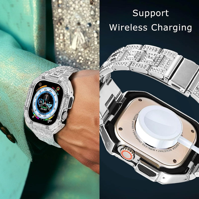 VISOOM Armband Kompatibel mit Apple Watch Ultra 49mm/Series 7 45mm/Series 6 44mm mit Metallrand, Bus