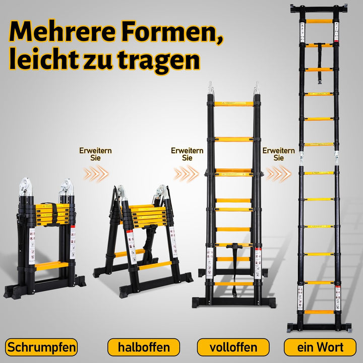 Herrselsam 3.8m(1.9m+1.9m) Teleskopleiter Klappleiter Aluminium, Mehrzweckleiter mit Tragegriff, Rut